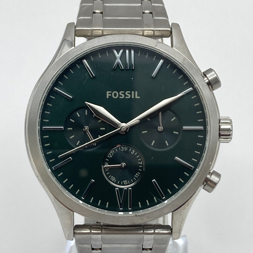Fossil Fenmore Mens Watch 43mm Silver Tone Green Dial Quick Set New Battery 7.5"